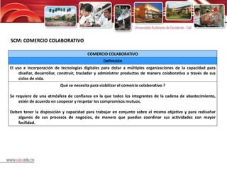 SCM: COMERCIO COLABORATIVO

                                         COMERCIO COLABORATIVO
                                                 Definición
El uso e incorporación de tecnologías digitales para dotar a múltiples organizaciones de la capacidad para
     diseñar, desarrollar, construir, trasladar y administrar productos de manera colaborativa a través de sus
     ciclos de vida.
                          Qué se necesita para viabilizar el comercio colaborativo ?

Se requiere de una atmósfera de confianza en la que todos los integrantes de la cadena de abastecimiento,
    estén de acuerdo en cooperar y respetar los compromisos mutuos.

Deben tener la disposición y capacidad para trabajar en conjunto sobre el mismo objetivo y para rediseñar
   algunos de sus procesos de negocios, de manera que puedan coordinar sus actividades con mayor
   facilidad.
 