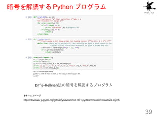 暗号を解読する Python プログラム
参考ウェブページ
http://nbviewer.jupyter.org/github/yoavram/CS1001.py/blob/master/recitation4.ipynb
39
Diffie...