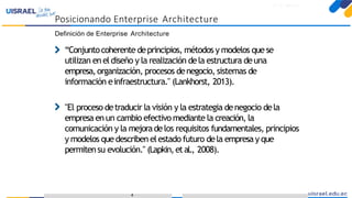 Introducción a TOGAFparaeldesarrollo deEnterprise Architecture
Definición de Enterprise Architecture
“Conjuntocoherente deprincipios, métodos y modelos que se
utilizan en eldiseño y la realización dela estructura deuna
empresa,organización, procesos denegocio, sistemas de
información einfraestructura." (Lankhorst, 2013).
"El proceso detraducir la visión y la estrategia denegocio dela
empresa en un cambio efectivo mediante la creación, la
comunicación y la mejoradelos requisitos fundamentales, principios
y modelos que describen elestado futuro dela empresa y que
permitensu evolución." (Lapkin,etal., 2008).
4
Posicionando Enterprise Architecture
 