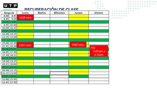 RECUPERACIÓN DE CLASE
2165 intro
2168 intro
5983 intro
IVU
4.00 pm a
6.15pm
 