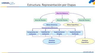 Estructura. Representación por Etapas
Nivel de Madurez
Area de Proceso Area de Proceso Area de Proceso
Metas Genericas Metas Especificas
Compromiso de
realizacion
Habilidad de
realizacion
Implementacion
Dirigida
Implementacion
Verificada
Caracteristicas Comunes
Practicas
Genericas
Practicas
Especificas
 