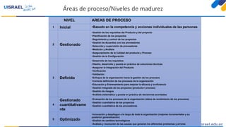 Áreas de proceso/Niveles de madurez
NIVEL AREAS DE PROCESO
1 Inicial •Basado en la competencia y acciones individuales de las personas
2 Gestionado
•Gestión de los requisitos del Producto y del proyecto
•Planificación de los proyectos
•Seguimiento y control de los proyectos
•Gestión de Acuerdos con los proveedores
•Selección y supervisión de proveedores
•Medición y Análisis
•Aseguramiento de la Calidad del producto y Proceso
•Gestión de la Configuración
3 Definido
•Desarrollo de los requisitos
•Diseño, desarrollo y puesta en práctica de soluciones técnicas
•Asegurar la Integración del Producto
•Verificación
•Validación
•Enfoque de la organización hacia la gestión de los procesos
•Correcta definición de los procesos de la organización
•Educación y Entrenamiento para mejorar la eficacia y la eficiencia
•Gestión integrada de los proyectos (producto+ proceso)
•Gestión de riesgos
•Análisis sistemático y puesta en práctica de decisiones acordadas
4
Gestionado
cuantitativame
nte
•Evaluación de los procesos de la organización (datos de rendimiento de los procesos)
•Gestión cuantitativa de los proyectos
•Gestión cuantitativa de los proveedores
5 Optimizado
•Innovación y despliegue a lo largo de toda la organización (mejoras incrementales y su
posterior generalización)
•Gestión de cambios tecnológicos
•Análisis y resolución de las causas que generan los diferentes problemas y errores
 