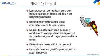 Nivel 1: Inicial
Los procesos se realizan pero con
frecuencia de un modo ad hoc y en
ocasiones caótico
El rendimiento depende de la
competencia de las personas
Es posible alcanzar gran calidad y
rendimiento excepcional, siempre que
se pueda asignar el mejor personal a la
tarea
El rendimiento es difícil de predecir
Las prácticas de gestión puede que no
sean efectivas
 