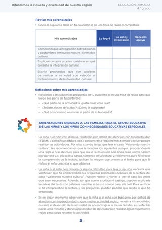 5
EDUCACIÓN PRIMARIA
4.°
grado
Difundimos la riqueza y diversidad de nuestra región
• Copia la siguiente tabla en tu cuaderno o en una hoja de reúso y complétala:
Reviso mis aprendizajes
• Responde a las siguientes preguntas en tu cuaderno o en una hoja de reúso para que
luego sea parte de tu portafolio:
- ¿Qué parte de la actividad te gustó más? ¿Por qué?
- ¿Tuviste alguna dificultad? ¿Cómo la superaste?
- ¿Qué compromiso asumirías a partir de lo trabajado?
Reﬂexiono sobre mis aprendizajes
• La niña o el niño con dislexia, trastorno por déficit de atención con hiperactividad
(TDAH) o con dificultad para leer o concentrarse requiere más tiempo y esfuerzo para
realizar las actividades. Por ello, cuando tenga que leer el caso “Valorando nuestra
cultura”, les recomendamos que le brinden los siguientes apoyos: proporciónenle
una regla o tiras de color para que lea el texto en una sola línea; lean juntos párrafo
por párrafo y, si ella o él se cansa, túrnense en la lectura; y, finalmente, para favorecer
la comprensión de la lectura, utilicen la imagen que presenta el texto para que la
niña o el niño describa lo que observa.
• La niña o el niño con dislexia o alguna dificultad para leer y escribir necesita que
verifiquen que ha comprendido las preguntas planteadas después de la lectura del
caso “Valorando nuestra cultura”. Pueden repetir o volver a leer el caso las veces
que sean necesarias. Además, sin que suene a crítica ni castigo, pueden explicarle
las ideas del texto con palabras sencillas o de uso común para ella o él. Para verificar
si ha comprendido la lectura y las preguntas, pueden pedirle que repita lo que ha
entendido.
• Si en algún momento observan que la niña o el niño con trastorno por déficit de
atención con hiperactividad o con mucha actividad motriz muestra intranquilidad
durante el desarrollo de la actividad de aprendizaje o le causa fastidio, es preferible
parar unos minutos y darle la posibilidad de desplazarse o realizar algún movimiento
físico para luego retomar la actividad.
ORIENTACIONES DIRIGIDAS A LAS FAMILIAS PARA EL APOYO EDUCATIVO
DE LAS NIÑAS Y LOS NIÑOS CON NECESIDADES EDUCATIVAS ESPECIALES
Mis aprendizajes Lo logré
Lo estoy
intentando
Necesito
apoyo
Comprendíquelaintegracióndetradiciones
y costumbres enriquece nuestra diversidad
cultural.
Expliqué con mis propias palabras en qué
consiste la integración cultural.
Escribí propuestas que son posibles
de realizar a mi edad con relación al
fortalecimiento de la diversidad cultural.
 