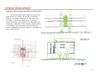 Atrium Development
21
Version 2: Initial section sketches of atrium space
	 After discussing what would and would not
work within the atrium, we decided to further
develop a different rendition of the space that
featured a continuous green wall to promote
clean air (which also conceals the restroom and
mechanical core) while still keeping various levels
of plantings. the following plan sketches and
digital representation would greatly influence our
final atrium design.
 