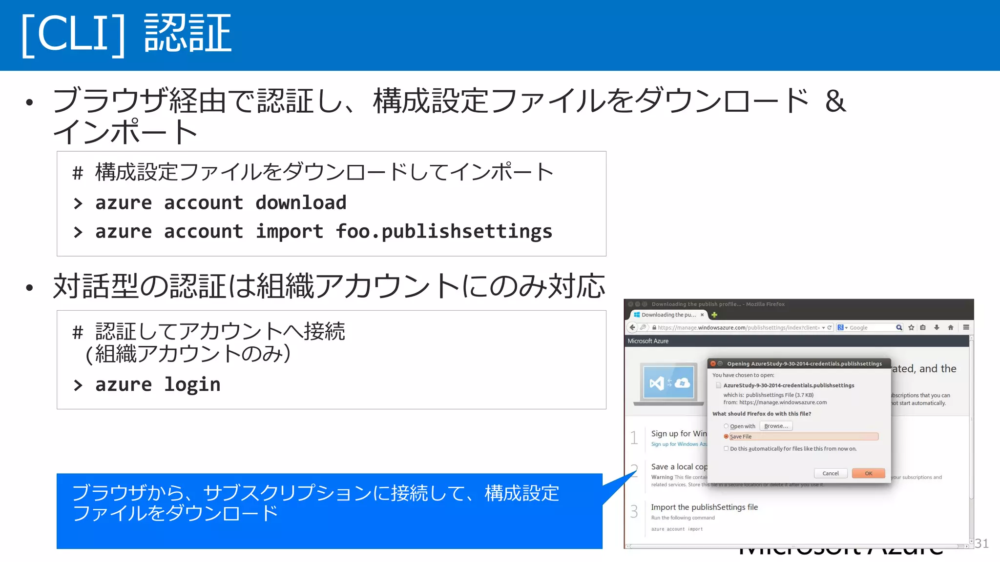 [CLI] 認証
31
• ブラウザ経由で認証し、構成設定ファイルをダウンロード ＆
インポート
• 対話型の認証は組織アカウントにのみ対応
# 構成設定ファイルをダウンロードしてインポート
> azure account download
> azure account import foo.publishsettings
# 認証してアカウントへ接続
(組織アカウントのみ）
> azure login
 