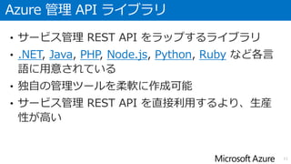 Azure 管理 API ライブラリ
• サービス管理 REST API をラップするライブラリ
• .NET, Java, PHP, Node.js, Python, Ruby など各言
語に用意されている
• 独自の管理ツールを柔軟に作成可能
• サービス管理 REST API を直接利用するより、生産
性が高い
11
 