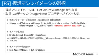 [PS] 仮想マシンイメージの選択
22
• 仮想マシンイメージは、Get-AzureVMImage から取得
• 取得したデータの ImageName プロパティがイメージ名
# 仮想マシンイメージ名の取得 (Win2012R2 最新日付け)
> $image = @(Get-AzureVMImage | Sort-Object -Descending PublishedDate |
Where-Object { $_.Label -like "Windows Server 2012 R2*" })
# イメージ名確認
> Write-Output $image[0].ImageName
a699494373c04fc0bc8f2bb1389d6106__Windows-Server-2012-R2-201410.01-en.us-
127GB.vhd
# イメージの一覧を表示
> Get-AzureVMImage | Out-GridView
 