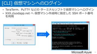[CLI] 仮想マシンへのログイン
34
• TeraTerm、PuTTY などの ターミナルソフトで仮想マシンへログイン
• XXX.cluodapp.net へ 仮想マシン作成時に指定した SSH ポート番号
を利用
 