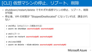 [CLI] 仮想マシンの停止、リブート、削除
35
• shutdown/restart/delete でそれぞれ仮想マシンの停止、リブート、削除
が可能
• 停止後、VM の状態が ”StoppedDeallocated” になっていれば、課金され
ない
# VMの停止（IPなどリソース解放される）
> azure vm shutdown azurestudy02 azurestudy02
# VMのリブート
> azure vm restart azurestudy02 azurestudy02
# VMとVHDの削除
> azure vm delete --blob-delete azurestudy02 azurestudy02
 