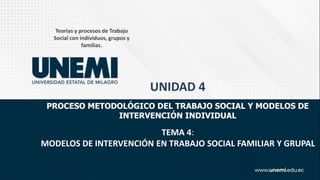 Teorías y procesos de Trabajo
Social con individuos, grupos y
familias.
.
UNIDAD 4
PROCESO METODOLÓGICO DEL TRABAJO SOCIAL Y MODELOS DE
INTERVENCIÓN INDIVIDUAL
TEMA 4:
MODELOS DE INTERVENCIÓN EN TRABAJO SOCIAL FAMILIAR Y GRUPAL
 