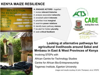 KENYA MAIZE RESILIENCE
Looking at alternative pathways for
agricultural livelihoods around Sakai and
Mmbasu in East & West Provinces of Kenya
Involving STEPs with
African Centre for Technology Studies
Centre for African Bio-Entrepreneurship
Tegemeo Institute, Egerton University
images and results courtesy of John Thompson, et al, STEPS
A: ENGAGE ACTORS - together:
1: review relevant histories
2: analyse associated networks
3: snowball salient interests
4: prioritise most marginal
5: examine power relations
6: identify basic pathway visions
7: be alert for hidden plurality
8: seek critical feedback
 