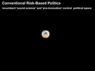 Conventional Risk-Based Politics
incumbent ‘sound science’ and ‘pro-innovation’ control political space
 