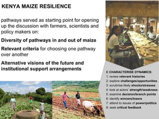 C CHARACTERISE DYNAMICS:
1: review relevant histories
2: explore challenges/opportunities
3: scrutinise likely shocks/stresses
4: look at actors’ strength/weakness
5: examine decision/branch points
6: identify winners/losers
7: attend to issues of power/politics
8: seek critical feedback
KENYA MAIZE RESILIENCE
pathways served as starting point for opening
up the discussion with farmers, scientists and
policy makers on:
Diversity of pathways in and out of maize
Relevant criteria for choosing one pathway
over another
Alternative visions of the future and
institutional support arrangements
 