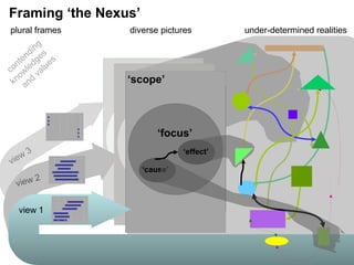 plural frames
‘system’
‘cause’
‘effect’
under-determined realitiesdiverse pictures
‘scope’
‘focus’
view 3
view 1
view 2
contending
knowledges
and
values
Framing ‘the Nexus’
 