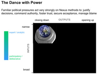 spot-the-
narrative
narrow
broad
closing down opening up
expert / analytic
participatory /
deliberative
citizen’s juries
decision
analysis
participatory
rural appraisal
stakeholder
negotiation
q-method
sensitivity
analysis
deliberative
mapping
scientometric
mapping
open
space
cost-benefit
analysis
risk
assessmen
t
interactive
modelling
structured
interviews
narrative-based
participant
observation
multi-site
ethnographic-
methods
citizen’s juries
consensus
conference
open
hearings
dissenting
opinions
multi-criteria
mapping
extended
foresight
stakeholder
negotiation
cost-benefit
analysis
risk
assessment
INPUTS
OUTPUTS
The Dance with Power
Familiar political pressures act very strongly on Nexus methods to: justify
decisions, command authority, foster trust, secure acceptance, manage blame
 