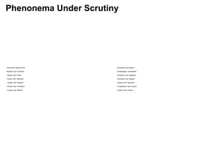 Phenonema Under Scrutiny
•social and material world
•“systems” and “contexts”
•“scales” and “levels”
•“actors” and “networks”
•“values” and “interests”
•“frames” and “narratives”
•“causes” and “effects”
•processes and relations
•“knowledges”,“incertitudes”
•“positives” and “negatives”
•“structures” and “agents”
•“actions” and “reactions”
•“imaginations” and “visions”
•“metrics” and ”indices”
 