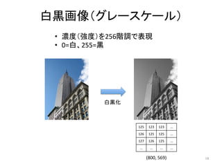 白黒画像（グレースケール）	
14	
•  濃度（強度）を256階調で表現	
•  0=白、255=黒	
125	 123	 123	 ...	
126	 125	 125	 ...	
127	 126	 125	 ...	
...	 ...	 ...	 ...	
白黒化	
(800,	569)	
 