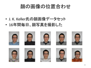 顔の画像の位置合わせ	
23	
•  J.	K.	Keller氏の顔画像データセット	
•  16年間毎日、顔写真を撮影した	
 