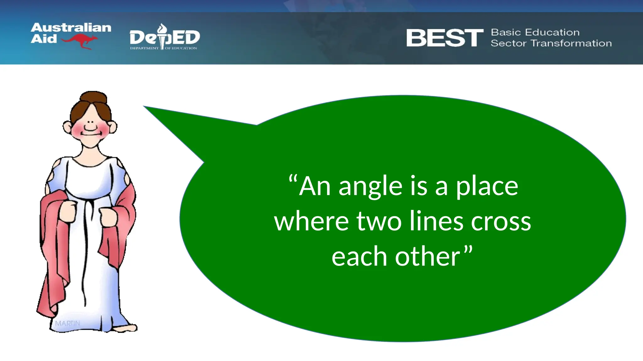 “That’s easy,”
“An angle is a place
where two lines cross
each other”
 