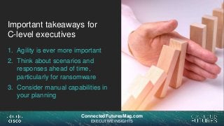 connectedfuturesmag.comconnectedfuturesmag.com
Important takeaways for
C-level executives
1. Agility is ever more important
2. Think about scenarios and
responses ahead of time,
particularly for ransomware
3. Consider manual capabilities in
your planning
ConnectedFuturesMag.com
EXECUTIVE INSIGHTS
 