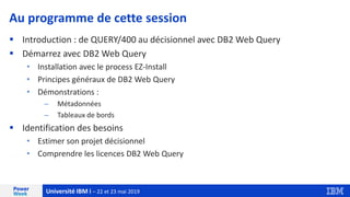 Université IBM i – 22 et 23 mai 2019
Au programme de cette session
▪ Introduction : de QUERY/400 au décisionnel avec DB2 W...