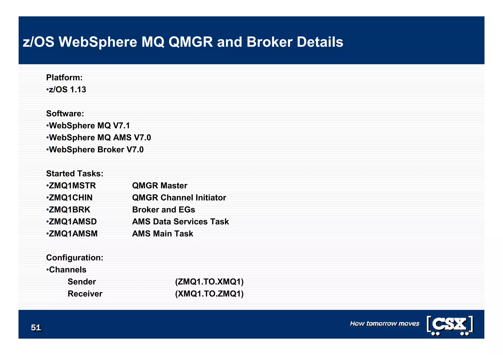 5151515151515151
Platform:
•z/OS 1.13
Software:
•WebSphere MQ V7.1
•WebSphere MQ AMS V7.0
•WebSphere Broker V7.0
Started Tasks:
•ZMQ1MSTR QMGR Master
•ZMQ1CHIN QMGR Channel Initiator
•ZMQ1BRK Broker and EGs
•ZMQ1AMSD AMS Data Services Task
•ZMQ1AMSM AMS Main Task
Configuration:
•Channels
Sender (ZMQ1.TO.XMQ1)
Receiver (XMQ1.TO.ZMQ1)
z/OS WebSphere MQ QMGR and Broker Details
 