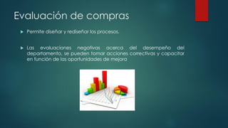 Evaluación de compras
 Permite diseñar y rediseñar los procesos.
 Las evaluaciones negativas acerca del desempeño del
departamento, se pueden tomar acciones correctivas y capacitar
en función de las oportunidades de mejora
 