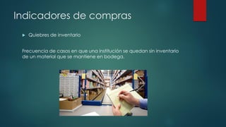 Indicadores de compras
 Quiebres de inventario
Frecuencia de casos en que una institución se quedan sin inventario
de un material que se mantiene en bodega.
 