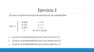 Ejercicio 2
Se tiene la siguiente función de distribución de probabilidad:
𝑝 𝑥 =
0.500 𝑥 = 0
0.167 𝑥 = 1
0.333 𝑥 = 2
0 𝑑𝑒 𝑜𝑡𝑟𝑜 𝑚𝑜𝑑𝑜
a. ¿Cuál es la probabilidad de que X sea a lo sumo 1?
b. ¿Cuál es la probabilidad de que X sea menor que 2?
c. ¿Cuál es la probabilidad de que X tome valor de -1?
 