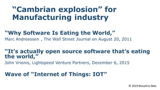 © 2019 Masahiro Date
“Cambrian explosion” for
Manufacturing industry
“Why Software Is Eating the World,”
Marc Andreessen ,...