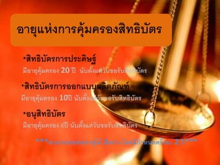 อำยุแห่งกำรคุ้มครองสิทธิบัตร
·สิทธิบัตรกำรประดิษฐ์
มีอำยุคุ้มครอง 20 ปี นับตั้งแต่วันขอรับสิทธิบัตร
·สิทธิบัตรกำรออกแบบผลิตภัณฑ์
มีอำยุคุ้มครอง 10ปี นับตั้งแต่วันขอรับสิทธิบัตร
·อนุสิทธิบัตร
มีอำยุคุ้มครอง 6ปี นับตั้งแต่วันขอรับสิทธิบัตร
***สำมำรถขอต่ออำยุได้ 2ครำว โดยมีกำหนดครั้งละ 2 ปี***
 