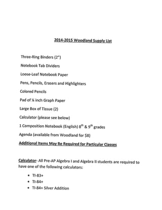2014-2015 Woodland Supply List