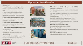 P L A N E A M I E N T O Y T E R R I T O R I O G R U P O 2
Tipos de Zonificación
1. Zona Urbana de Densidad muy Alta (ZDMA):
Permite un aprovechamiento muy intenso del
suelo.
2. Zona Urbana de Densidad Alta (ZDA):
Zona de uso mixto que permiten, el uso
Residencial, uso Comercial, y Usos Especiales.
3. Zona Urbana de Densidad Media (ZDM):
Permiten uso Residencial, uso Comercial, Usos
Especiales y uso de Taller.
4. Zona Urbana de Densidad Baja (ZDB):
Permiten uso Residencial, uso Comercial, Usos
Especiales y uso de Taller.
5. Zona Urbana de Densidad Muy Baja (ZDMB):
Suelo periurbano.
6. Zona Industrial (ZI):
No pueden ser agrupados con otros usos.
Se consignan en:
Industria Pesada Básica (I4), Gran Industria (I3),
Industria Liviana (I2), Industria Elemental y
Complementaria (I1)
7. Zona de Servicios Públicos Complementarios (ZSPC):
Educación (E) y Salud (H).
Para Educación, se consignan: E.B (E1), E.S.T(E2), E.S.U (E3)
y E.S.P.G (E4).
Para Salud, consignan: Posta Médica (H1), Centro de Salud
(H2), Hospital General (H3) y Hospital/Instituto
Especializado (H4).
8. Zona de Reglamentación Especial (ZRE): Poseen
características particulares de orden físico, ambiental,
social o económico La Zona Monumental (ZM) y la Zona de
Protección Ambiental (ZPA)
9. Zona de Recreación Pública (ZRP):
Actividades recreativas activas y/o pasivas.
10. Zona Agraria (ZA):
Suelo rural dedicado al uso agrícola, pecuario o forestal, no
urbanizable.
11. Zona de Usos Extractivos (ZUE):
Dedicada a la extracción primaria de recursos.
ARTÍCULO 117.-
 