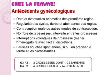 Chez la femme:
Antécédents gynécologiques
Date et éventuelles anomalies des premières règles.
 Régularité des cycles, durée et abondance des règles.
 Contraception orale ou autres modes de contraception.
 Nombre de grossesses, intervalle entre les grossesses.
 Interruptions volontaires de grossesse (mener
l'interrogatoire avec tact et discrétion).
 Fausses couches spontanées: si oui en préciser le
terme et les circonstances.


G3 P2 :
G4 P2 :

3 GROSSESSES DONT 1 CESARIENNE
4 GROSSESSES & 2 AVORTEMENTS

 