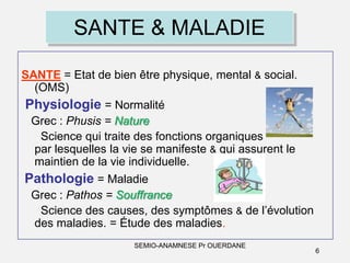 SANTE & MALADIE
SANTE = Etat de bien être physique, mental & social.
(OMS)
Physiologie = Normalité
Grec : Phusis = Nature
Science qui traite des fonctions organiques
par lesquelles la vie se manifeste & qui assurent le
maintien de la vie individuelle.
Pathologie = Maladie
Grec : Pathos = Souffrance
Science des causes, des symptômes & de l’évolution
des maladies. = Étude des maladies.
SEMIO-ANAMNESE Pr OUERDANE

6

 