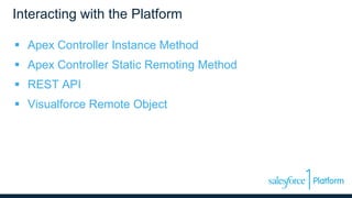 Interacting with the Platform
 Apex Controller Instance Method
 Apex Controller Static Remoting Method
 REST API
 Visualforce Remote Object
 