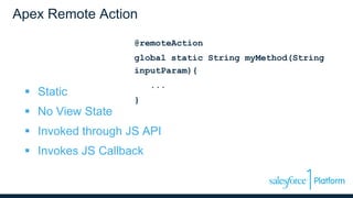 Apex Remote Action
 Static
 No View State
 Invoked through JS API
 Invokes JS Callback
@remoteAction
global static String myMethod(String
inputParam){
...
}
 