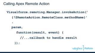 Calling Apex Remote Action
Visualforce.remoting.Manager.invokeAction(’
{!$RemoteAction.RemoteClass.methodName}'
,
param,
function(result, event) {
//...callback to handle result
});
 