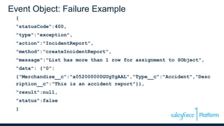 Event Object: Failure Example
{
"statusCode":400,
"type":"exception",
"action":"IncidentReport",
"method":"createIncidentReport",
"message":"List has more than 1 row for assignment to SObject",
"data": {"0":
{"Merchandise__c":"a052000000GUgYgAAL","Type__c":"Accident","Desc
ription__c":"This is an accident report"}},
"result":null,
"status":false
}
 