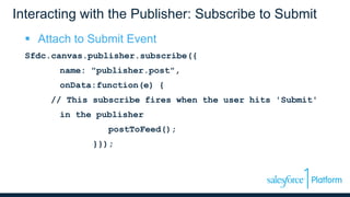 Interacting with the Publisher: Subscribe to Submit
 Attach to Submit Event
Sfdc.canvas.publisher.subscribe({
name: "publisher.post",
onData:function(e) {
// This subscribe fires when the user hits 'Submit'
in the publisher
postToFeed();
}});
 