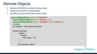 Remote Objects
 Standard CRUD/Q functionality without Apex
 Similar to remoteTK or SObjectData
 Visualforce components define data models
<apex:jsSObjectBase shortcut="tickets">
<apex:jsSObjectModel name="Ticket__c" />
<apex:jsSObjectModel name="Contact" fields="Email" />
<script>
var contact = new tickets.Contact();
contact.retrieve({
where: {
Email: {
like: query + '%'
}
}
}, function(err, data) {
 