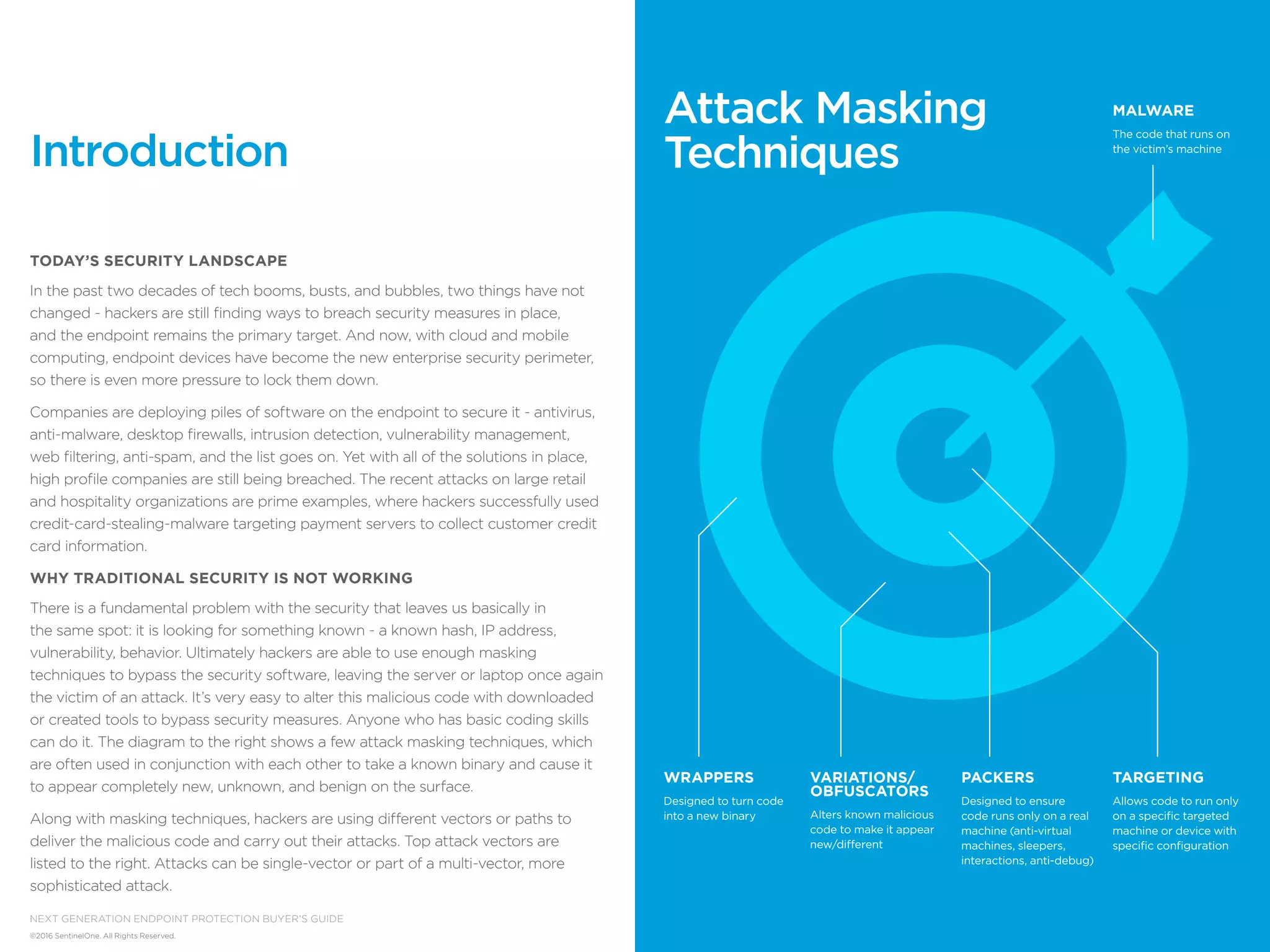 3
©2016 SentinelOne. All Rights Reserved.
next generation endpoint protection buyer’s guide
Today’s Security Landscape
In the past two decades of tech booms, busts, and bubbles, two things have not
changed - hackers are still finding ways to breach security measures in place,
and the endpoint remains the primary target. And now, with cloud and mobile
computing, endpoint devices have become the new enterprise security perimeter,
so there is even more pressure to lock them down.
Companies are deploying piles of software on the endpoint to secure it - antivirus,
anti-malware, desktop firewalls, intrusion detection, vulnerability management,
web filtering, anti-spam, and the list goes on. Yet with all of the solutions in place,
high profile companies are still being breached. The recent attacks on large retail
and hospitality organizations are prime examples, where hackers successfully used
credit-card-stealing-malware targeting payment servers to collect customer credit
card information.
Why Traditional Security is Not Working
There is a fundamental problem with the security that leaves us basically in
the same spot: it is looking for something known - a known hash, IP address,
vulnerability, behavior. Ultimately hackers are able to use enough masking
techniques to bypass the security software, leaving the server or laptop once again
the victim of an attack. It’s very easy to alter this malicious code with downloaded
or created tools to bypass security measures. Anyone who has basic coding skills
can do it. The diagram to the right shows a few attack masking techniques, which
are often used in conjunction with each other to take a known binary and cause it
to appear completely new, unknown, and benign on the surface.
Along with masking techniques, hackers are using different vectors or paths to
deliver the malicious code and carry out their attacks. Top attack vectors are
listed to the right. Attacks can be single-vector or part of a multi-vector, more
sophisticated attack.
Introduction
Variations/
Obfuscators
Alters known malicious
code to make it appear
new/different
Packers
Designed to ensure
code runs only on a real
machine (anti-virtual
machines, sleepers,
interactions, anti-debug)
Targeting
Allows code to run only
on a specific targeted
machine or device with
specific configuration
Malware
The code that runs on
the victim’s machine
Wrappers
Designed to turn code
into a new binary
Attack Masking
Techniques
 
