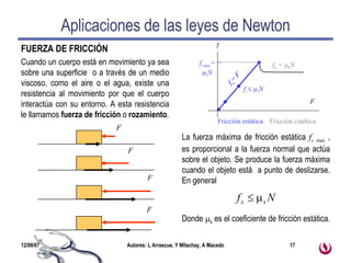 Aplicaciones de las leyes de Newton FUERZA DE FRICCIÓN Cuando un cuerpo está en movimiento ya sea sobre una superficie  o a través de un medio viscoso, como el aire o el agua, existe una resistencia al movimiento por que el cuerpo interactúa con su entorno. A esta resistencia le llamamos  fuerza de fricción  o  rozamiento . La fuerza máxima de fricción estática  f s   max  , es proporcional a la fuerza normal que actúa sobre el objeto. Se produce la fuerza máxima cuando el objeto está  a punto de deslizarse. En general Donde   s  es el coeficiente de fricción estática.  f s      s N f k  =   k N f s  =  F F F F F f s max =    s N f   F   Fricción estática Fricción cinética F 
