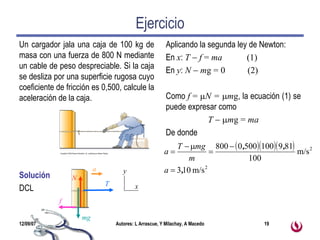 Ejercicio Un cargador jala una caja de 100 kg de masa con una fuerza de 800 N mediante un cable de peso despreciable. Si la caja se desliza por una superficie rugosa cuyo coeficiente de fricción es 0,500, calcule la aceleración de la caja. Solución DCL Aplicando la segunda ley de Newton: En  x :   T      f  =  ma  (1) En  y :   N      m g = 0  (2) Como  f  =    N =   m g , la ecuación (1) se puede expresar como T       m g =  ma De donde  Copyright  © 2004 Pearson Education, Inc., publishing as Addison Wesley.  T N f mg x y a 