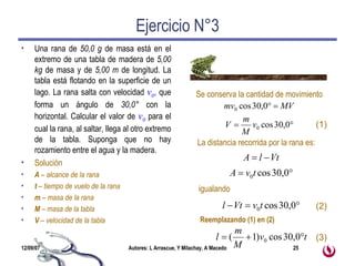 Ejercicio N°3 Una rana de  50,0 g  de masa está en el extremo de una tabla de madera de  5,00 kg  de masa y de  5,00 m  de longitud. La tabla está flotando en la superficie de un lago. La rana salta con velocidad  v 0 ,  que forma un ángulo de  30,0°  con la horizontal. Calcular el valor de  v 0  para el cual la rana, al saltar, llega al otro extremo de la tabla. Suponga que no hay rozamiento entre el agua y la madera. Solución A  – alcance de la rana t  – tiempo de vuelo de la rana m  – masa de la rana M  – masa de la tabla V  – velocidad de la tabla Se conserva la cantidad de movimiento La distancia recorrida por la rana es: igualando (1) Reemplazando (1) en (2) (2) (3) 