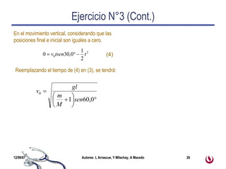 Ejercicio N°3 (Cont.) En el movimiento vertical, considerando que las  posiciones final e inicial son iguales a cero. Reemplazando el tiempo de (4) en (3), se tendrá: (4) 