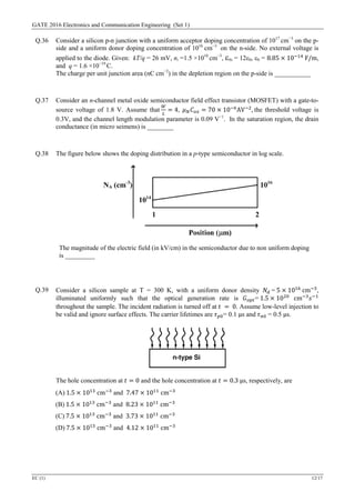GATE 2016 Electronics and Communication Engineering (Set 1)
EC (1) 12/17
Q.36 Consider a silicon p-n junction with a uniform acceptor doping concentration of 1017
cm−3
on the p-
side and a uniform donor doping concentration of 1016
cm−3
on the n-side. No external voltage is
applied to the diode. Given: kT/q = 26 mV, ni =1.5 ×1010
cm−3
, εSi = 12ε0, ε0 = 8.85 × 10−14
F/m,
and q = 1.6 ×10−19
C.
The charge per unit junction area (nC cm−2
) in the depletion region on the p-side is ___________
Q.37 Consider an n-channel metal oxide semiconductor field effect transistor (MOSFET) with a gate-to-
source voltage of 1.8 V. Assume that
𝑊
𝐿
= 4, 𝜇 𝑁 𝐶 𝑜𝑥 = 70 × 10−6
AV−2
, the threshold voltage is
0.3V, and the channel length modulation parameter is 0.09 V−1
. In the saturation region, the drain
conductance (in micro seimens) is ________
Q.38 The figure below shows the doping distribution in a p-type semiconductor in log scale.
The magnitude of the electric field (in kV/cm) in the semiconductor due to non uniform doping
is _________
Q.39 Consider a silicon sample at T = 300 K, with a uniform donor density 𝑁𝑑 = 5 × 1016
cm−3
,
illuminated uniformly such that the optical generation rate is 𝐺 𝑜𝑝𝑡= 1.5 × 1020
cm−3
𝑠−1
throughout the sample. The incident radiation is turned off at 𝑡 = 0. Assume low-level injection to
be valid and ignore surface effects. The carrier lifetimes are 𝜏 𝑝0= 0.1 µs and 𝜏 𝑛0 = 0.5 µs.
The hole concentration at 𝑡 = 0 and the hole concentration at 𝑡 = 0.3 µs, respectively, are
(A) 1.5 × 1013
cm−3
and 7.47 × 1011
cm−3
(B) 1.5 × 1013
cm−3
and 8.23 × 1011
cm−3
(C) 7.5 × 1013
cm−3
and 3.73 × 1011
cm−3
(D) 7.5 × 1013
cm−3
and 4.12 × 1011
cm−3
 