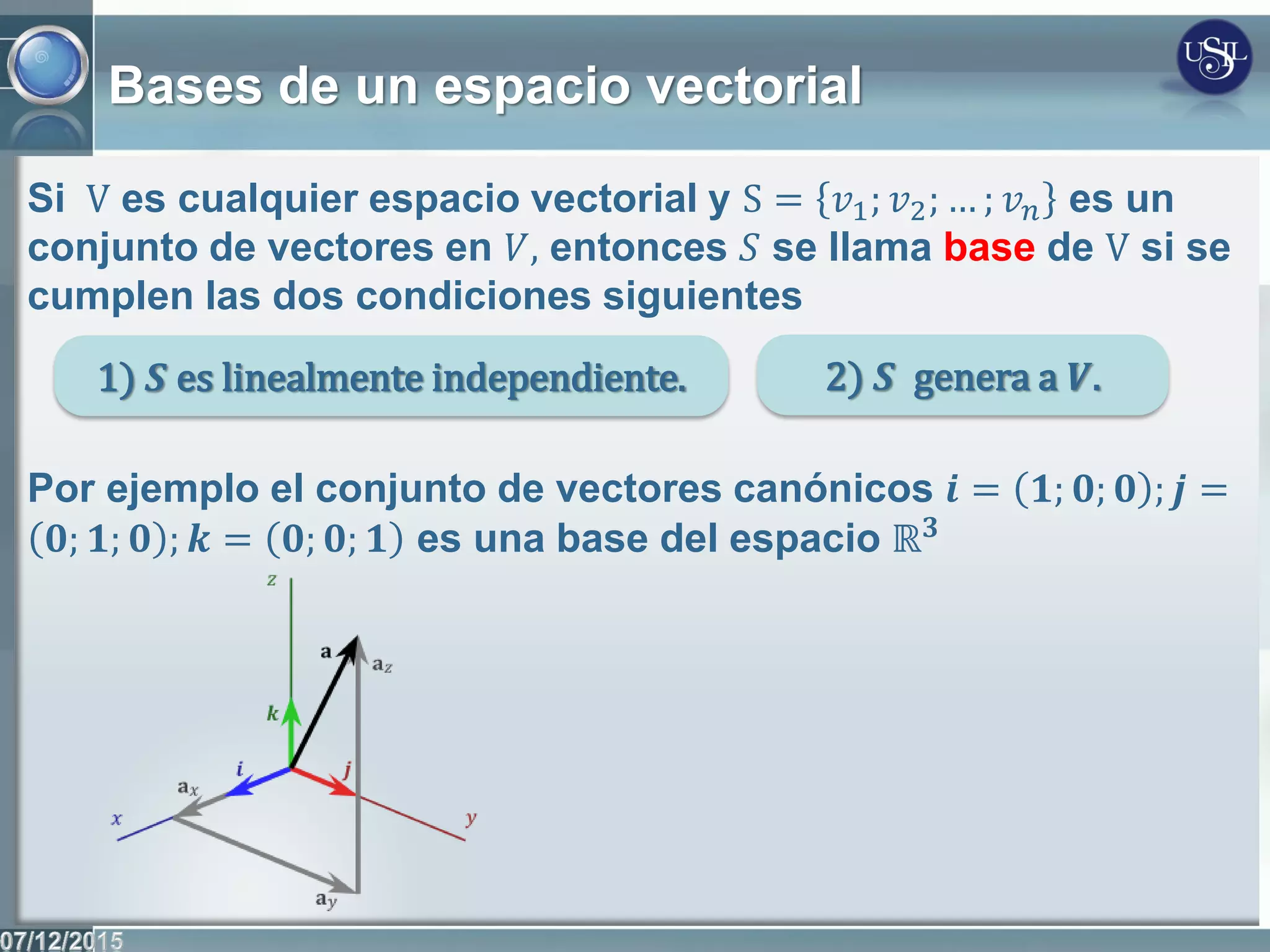 Bases de un espacio vectorial
Si V es cualquier espacio vectorial y S = 𝑣1; 𝑣2; … ; 𝑣 𝑛 es un
conjunto de vectores en 𝑉, entonces 𝑆 se llama base de V si se
cumplen las dos condiciones siguientes
1) 𝑺 es linealmente independiente. 2) 𝑺 genera a 𝑽.
Por ejemplo el conjunto de vectores canónicos 𝒊 = 𝟏; 𝟎; 𝟎 ; 𝒋 =
𝟎; 𝟏; 𝟎 ; 𝒌 = 𝟎; 𝟎; 𝟏 es una base del espacio ℝ 𝟑
 