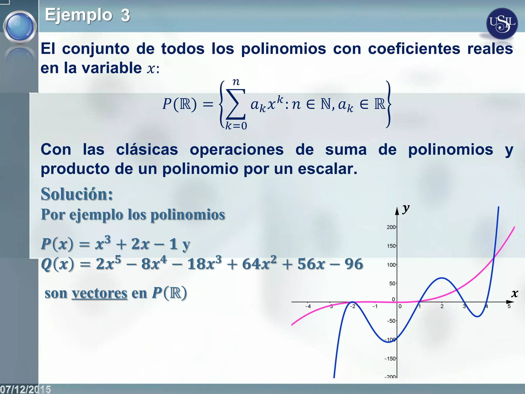 Ejemplo 3
El conjunto de todos los polinomios con coeficientes reales
en la variable 𝑥:
𝑃(ℝ) = 𝑎 𝑘 𝑥 𝑘
:
𝑛
𝑘=0
𝑛 ∈ ℕ, 𝑎 𝑘 ∈ ℝ
Con las clásicas operaciones de suma de polinomios y
producto de un polinomio por un escalar.
Solución:
Por ejemplo los polinomios
𝑷 𝒙 = 𝒙 𝟑 + 𝟐𝒙 − 𝟏 y
𝑸 𝒙 = 𝟐𝒙 𝟓 − 𝟖𝒙 𝟒 − 𝟏𝟖𝒙 𝟑 + 𝟔𝟒𝒙 𝟐 + 𝟓𝟔𝒙 − 𝟗𝟔
son vectores en 𝑷 ℝ 𝒙
𝒚
 